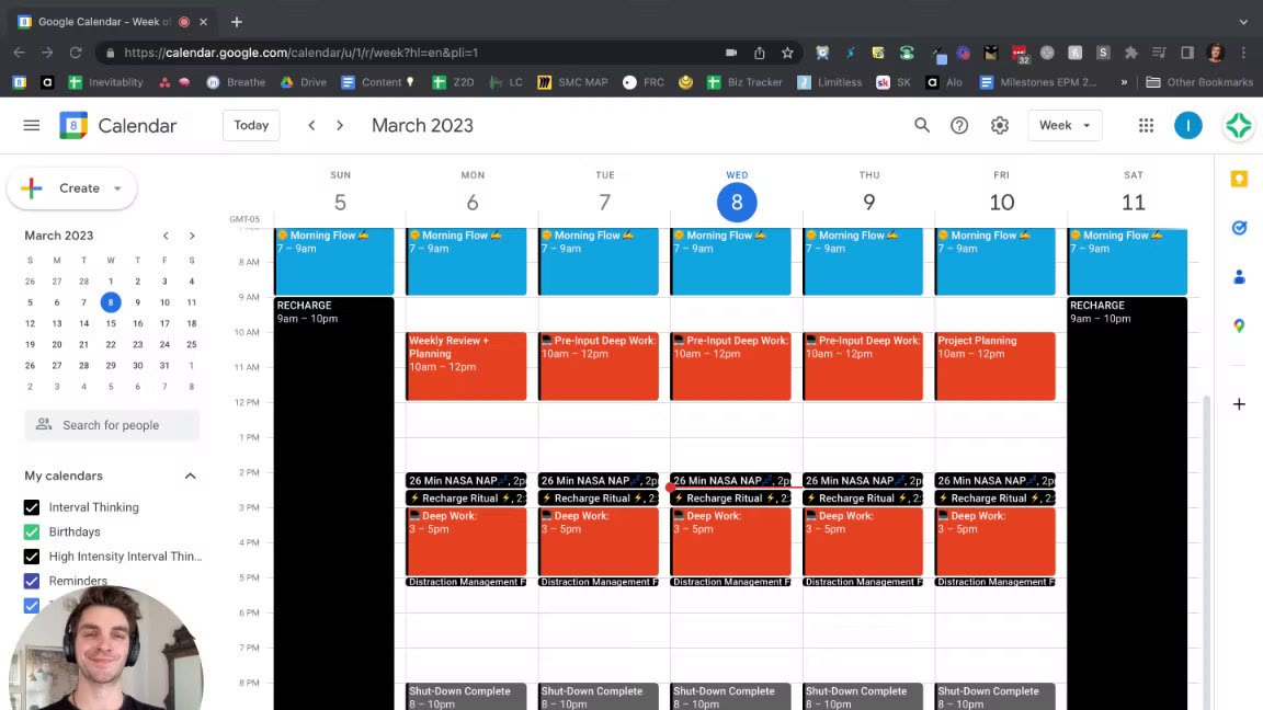 A real week in the Flow Calendar, deep work blocked against energy