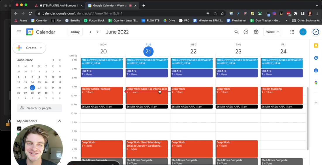 A real week in the Flow Calendar, colour blocked by energy